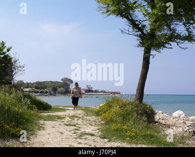 Bäume am Ufer auf Weg zum Mitsis Roda Beach Hotel, Roda, Korfu, Griechenland Stockfoto