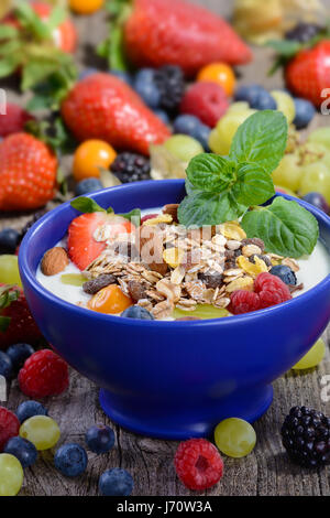 Joghurt mit Müsli und gemischte frische Früchte in einem blauen Keramikschale Stockfoto