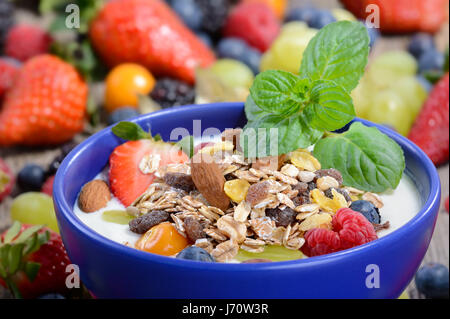 Joghurt mit Müsli und gemischte frische Früchte in einem blauen Keramikschale Stockfoto