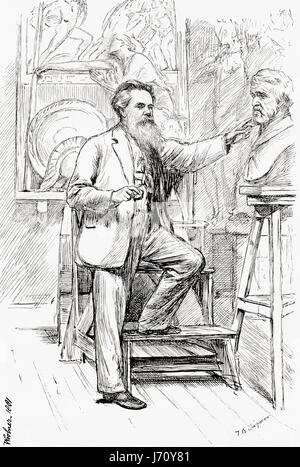 Thomas Woolner in seinem Atelier.  Thomas Woolner, 1825 – 1892.  Englischer Bildhauer und Dichter, gehörte zu den Gründungsmitgliedern der Präraffaeliten. Nach einer Zeichnung von Theodore Blake Wirgman.   Aus das Jahrhundert illustrierte Monatszeitschrift, Mai 1883 - Oktober 1883. Stockfoto