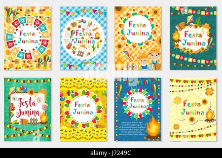 Festa Junina set Grußkarte, Einladung, Plakat. Brasilianische Latin American Festival Vorlage für Ihr Design. Vektor-Illustration. Stock Vektor