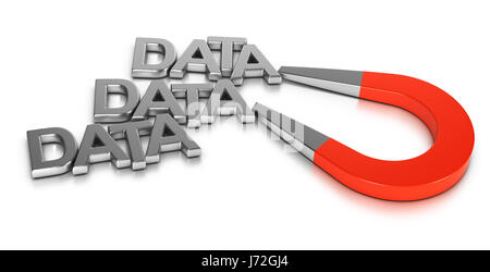 3D Abbildung eines roten Hufeisen-Magneten zieht Datenwort auf weißem Hintergrund. Stockfoto