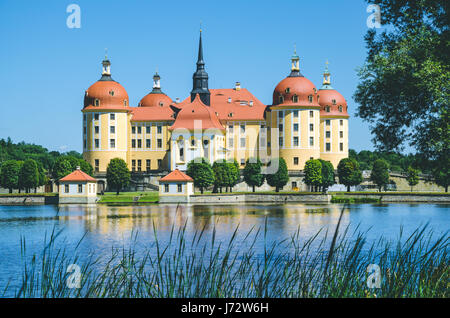 Schloss Moritzburg in Sachsen in der Nähe von Dresden. Teich-Reflexion mit etwas Schilf im Vordergrund. Frühling. Deutschland Stockfoto