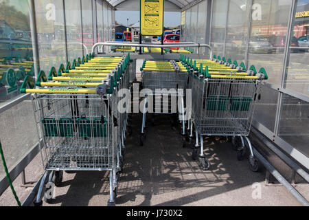 Safeway-Supermarkt-Einkaufswagen, groß oder klein, in einem Parkhaus-Tierheim Stockfoto