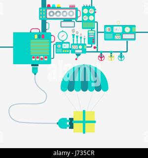 Stromversorgung eines Fallschirms. Mit dem Fallschirm mit einer Box an eine Maschine angeschlossen. Maschinen produzieren elektrische Energie. Stock Vektor