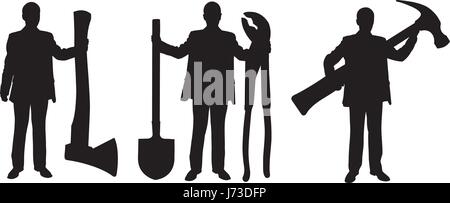 Menschen-Silhouetten halten große Werkzeuge, isoliert auf weiss Stock Vektor