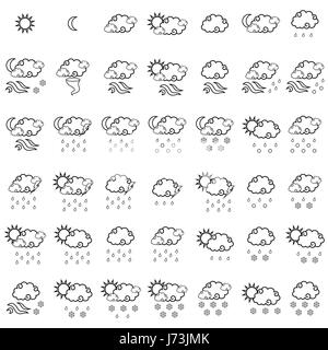 Satz von zweiundvierzig Wettervorhersage einfache Symbole auf weißem Hintergrund, schwarze Umriss Vektor Sammlung isoliert Stock Vektor