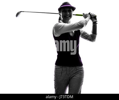 Frau Golfer Golf Silhouette auf weißem Hintergrund Stockfoto