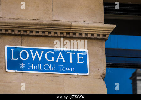 Lowgate Straße Zeichen Teil des Rumpfes alte Stadt, Kingston nach Rumpf, Yorkshire, England, Vereinigtes Königreich Stockfoto