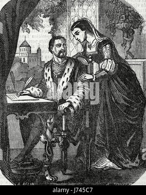 Heinrich II. von Frankreich (1519-1559) mit seiner geliebten Diana von Poitiers (1500-1566), Herzogin von Valentinois und Etampes. Kupferstich von A. Soupey, 1851. Stockfoto