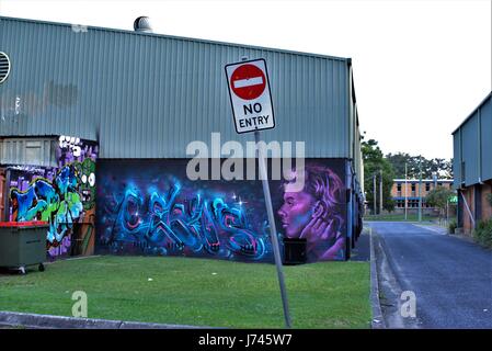 Kein Eintrag Zeichen vor einem Graffiti von unbekannten Künstler. Graffito. Graffiti auf eine Mauer, bauen, Rasen, Gasse, Straße wie am 21. Mai 2017 in Au zurück Stockfoto