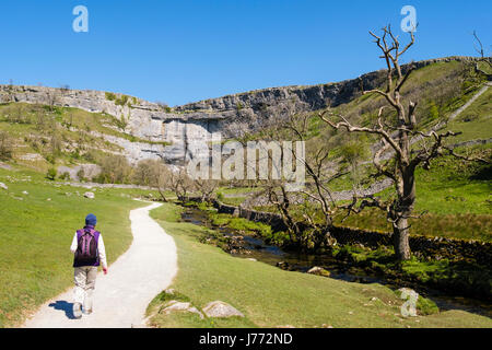 Wanderer auf Fußweg Malham Cove nach der Pennine Way wandern. Malham Malhamdale Yorkshire Dales National Park North Yorkshire England UK Großbritannien Stockfoto