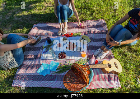 Erhöhte Ansicht Freundinnen Picknick auf der Wiese Stockfoto