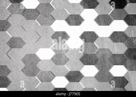 Graue und weiße geometrischen, Sechseck Muster, mit zerkratzten Metall Textur. Stockfoto