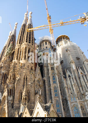 Aufwendig gestalteten Turmspitzen und Baukräne von Gaudis Sagrada Familia Basilika, Barcelona, Spanien. Stockfoto