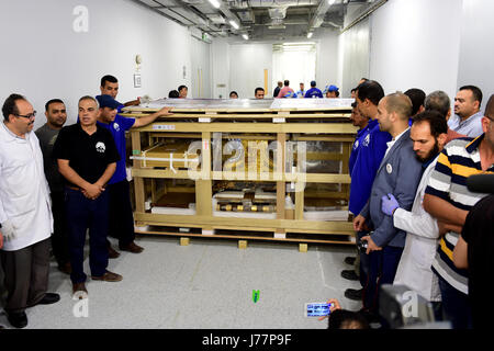 (170524)--Kairo, 24. Mai 2017 (Xinhua)--A Box mit den Wagen der alten König Tutankhamun am Grand Egyptian Museum (GEM) in der Nähe von dem Plateau Pyramiden in Gizeh, Ägypten am 23. Mai 2017 gesehen wird. Das ägyptische Ministerium für Altertümer zog am Dienstag die 3.000 Jahre alte Grabstätten Bett und Wagen des alten König Tutankhamun aus dem ägyptischen Museum in Tahrir Innenstadt von Kairo, Grand Egyptian Museum (GEM) in der Nähe von dem Plateau Pyramiden in Gizeh. Ägyptische Altertümer Minister Khaled al-guten erzählte Reportern, dass sie so weit etwa 3.900 Stücke von King Tut es Artefakt auf das Juwel verschoben, die Op werden Stockfoto