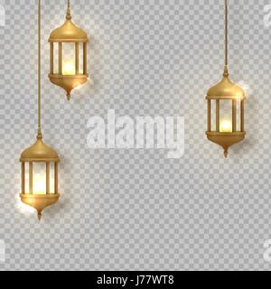 Gold Vintage leuchtenden Laternen. Arabisch, leuchtenden Lampen. Isoliert, realistische Hängelampen. Stock Vektor