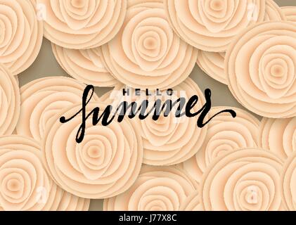 Hallo Sommer Banner. Schöne Rosen im Stil der Kunst Illustration Papier Blumen Stock Vektor