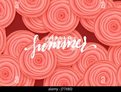 Hallo Sommer Banner. Schöne Rosen im Stil der Kunst Illustration Papier Blumen Stock Vektor
