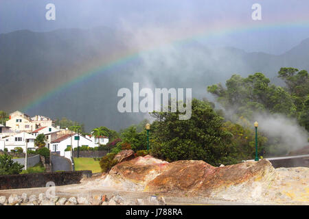 Furnas Dorf mit geothermischen heißen Quellen (Caldeiras), Insel Sao Miguel, Azoren, Portugal Stockfoto