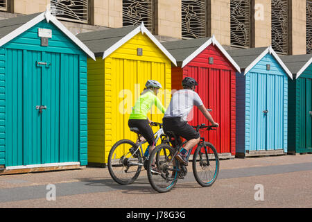 Radfahrer fahren Promenade vorbei an bunten Strandhäuschen in Boscombe Beach, Bournemouth im Mai Stockfoto