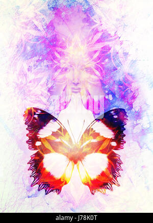 Göttin Frau und Schmetterling im kosmischen Raum. Kosmischen Raum Hintergrund. Kontakt mit den Augen. Marmor-Effekt. Stockfoto