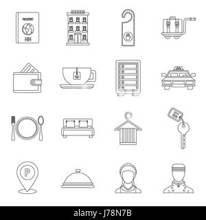Hotel Icons in Umriss-Stil festgelegt. Hotel Unterkunftsdienstleistungen setzen Sammlung Vektor-illustration Stock Vektor