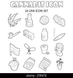 Cannabis-Symbole im Cartoon-Stil festgelegt. Marihuana Unterhaltungsausstattung Rauchen Sammlung Vektor-illustration Stock Vektor