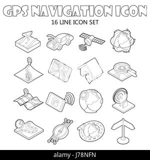 GPS-Navigation Icons in Umriss-Stil festgelegt. Lage im Gelände festgelegt Sammlung Vektor-Illustration. Stock Vektor