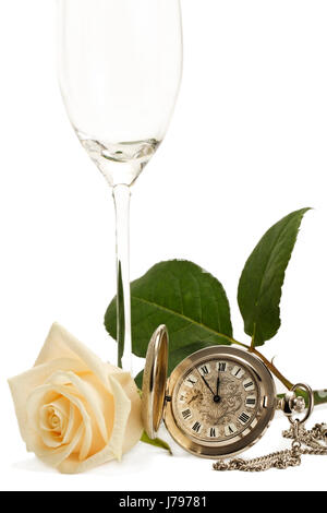 leere Sektglas Tasche weiße rose Stockfoto