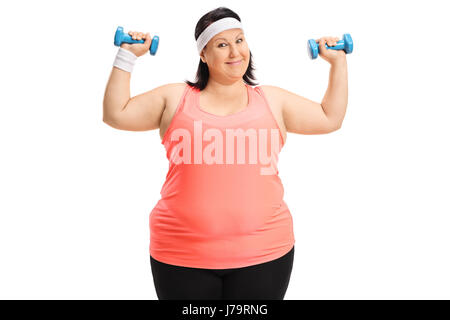 Übergewichtige Frau, die das Training mit kleinen Hanteln isoliert auf weißem Hintergrund Stockfoto