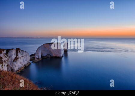 Old Harry Rocks, Kreidefelsen und Felsnadeln, Sunrise. UNESCO-Weltkulturerbe. Old Harry Rocks, Studland, Swanage, Isle of Purbeck, Dorset, Jurass Stockfoto