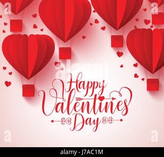 Happy Valentinstag Vektor Grüße Kartendesign mit Papier rot Herzform Heißluftballons fliegen schneiden und Herzen in weißem Hintergrund. Stock Vektor
