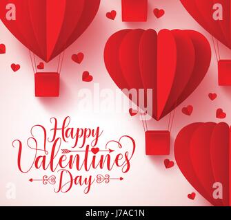 Happy Valentinstag Typografie Vektor-Design mit Papier geschnitten rotes Herz Form Heißluftballons fliegen in weißem Hintergrund. Stock Vektor
