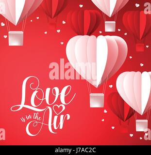 Valentinstag ist Hintergrund Vektor mit Liebe in der Luft Typografie in rot mit Papier Schneiden Herzform Luftballons fliegen und weißen Herzen Dekoration. Stock Vektor