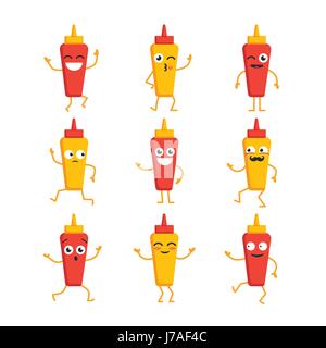 Ketchup und Senf-Vektor Satz von Maskottchen Illustrationen. Stock Vektor