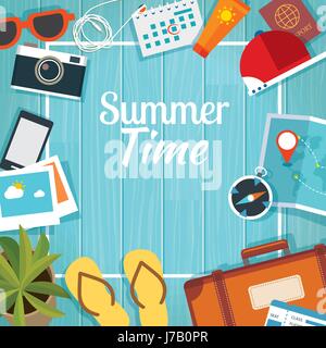 Sommer Reisen Vorlage mit hölzernen Hintergrund Stock Vektor