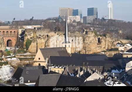 Garten Felsenfestung Gärten Luxemburg Kirche Stadt Stadt Winter neue Europa rock Stockfoto