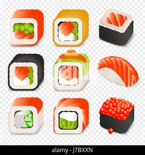 Bunte japanisches Essen Cartoon Stil Design Icons Set mit verschiedene Sushi und Rollen auf transparenten Hintergrund isoliert-Vektor-Illustration. Stock Vektor