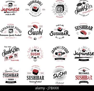 Eine große Menge von Vektor-Logos und Embleme für Restaurants der japanischen Küche im retro-Stil mit Schriftzügen und Symbolen und die Form der Sushi, Roll, Stäbchen, Bänder und Strahlen. Label und Illustration Gruppe. Stock Vektor