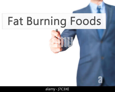 Fat Burning Foods - Geschäftsmann Hand mit Schild. Wirtschaft, Technologie, Internet-Konzept. Stock Foto Stockfoto
