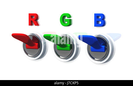 blaue grüne Schalter Rgb Farbe Mischung Farbe Raum Grundfarben Rot Schild Stockfoto