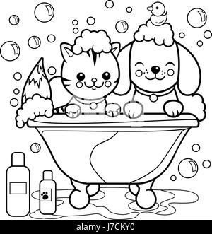 Hund und Katze ein Bad zu nehmen. Coloring Book Seite. Stock Vektor