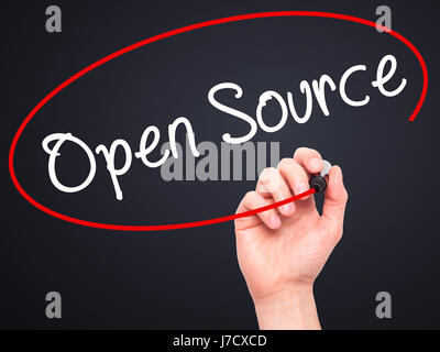 Hand des Mannes Open Source mit schwarzem Filzstift auf Bildschirm zu schreiben. Isoliert auf schwarz. Wirtschaft, Technologie, Internet-Konzept. Stock Bild Stockfoto