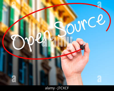 Hand des Mannes Open Source mit schwarzem Filzstift auf Bildschirm zu schreiben. Isoliert auf Stadt. Wirtschaft, Technologie, Internet-Konzept. Stock Bild Stockfoto