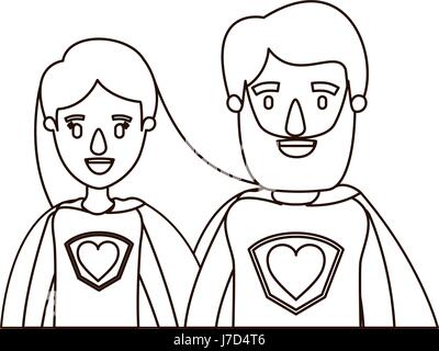 Skizzieren Sie Kontur Karikatur halben Körper paar weibliche und männliche Superhelden mit Herz-Symbol in uniform Stock Vektor