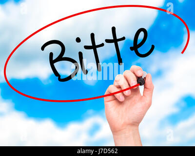 Hand des Mannes schreiben Bitte (bitte in deutscher Sprache) mit schwarzen Balken am Bildschirm. Auf Hintergrund isoliert. Wirtschaft, Technologie, Internet-Konzept. Lager Ph Stockfoto