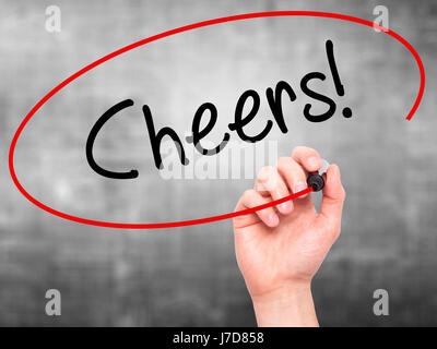 Mann Handschrift Cheers! mit schwarzen Balken am Bildschirm. Auf Hintergrund isoliert. Wirtschaft, Technologie, Internet-Konzept. Stock Foto Stockfoto