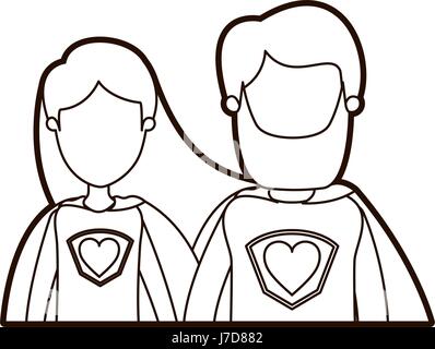 schwarze dicke Kontur Karikatur gesichtslosen halben Körper paar weibliche und männliche Superhelden mit Herz-Symbol in uniform Stock Vektor
