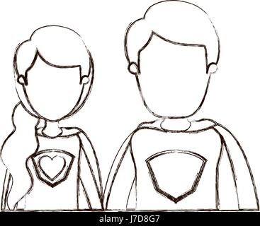 verschwommene dünne Kontur Karikatur gesichtslosen halben Körper junges Paar weibliche und männliche Superhelden mit Herz-Symbol in uniform Stock Vektor